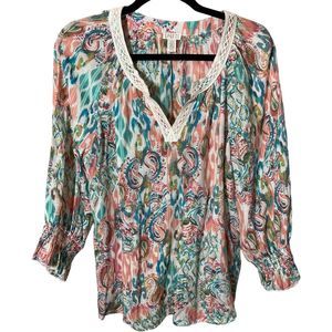 Spense Womens Large Smocked V-Neck Blouse Top 3/4 Puff Sleeve w/ Ruffle Cuff EUC